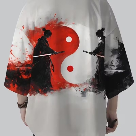 Herren-Kimono, Handarbeit, schwarz-weiss.YIN YANG.,kurz
