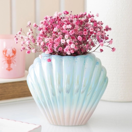  Muschel Karamik Blumenvase in Pastellblau & Rosatöne Beach