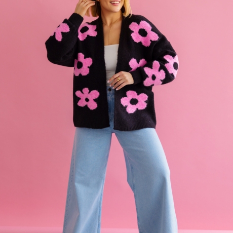 Oversize Strickjacke Wolle Cardigan Blumen Strickweste S-XL