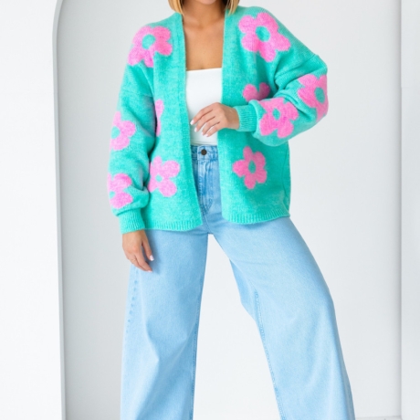 Oversize Strickjacke Wolle Cardigan Blumen Strickweste S-XL