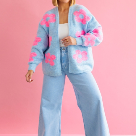 Oversize Strickjacke Wolle Cardigan Blumen Strickweste S-XL