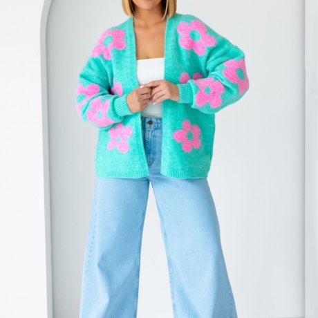 Oversize Strickjacke Wolle Cardigan Blumen Strickweste S-XL