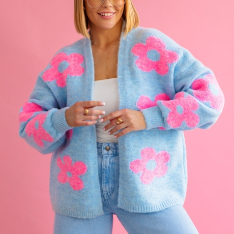 Oversize Strickjacke Wolle Cardigan Blumen Strickweste S-XL