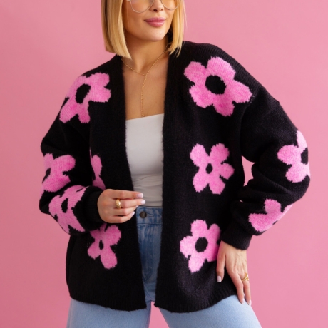 Oversize Strickjacke Wolle Cardigan Blumen Strickweste S-XL