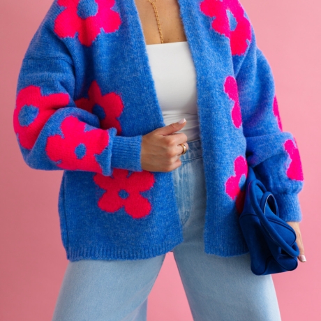 Oversize Strickjacke Wolle Cardigan Blumen Strickweste S-XL