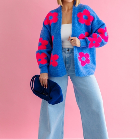 Oversize Strickjacke Wolle Cardigan Blumen Strickweste S-XL