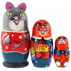 3-er Matroschka Tiere Kater m. Fisch, 14 cm, VT 23