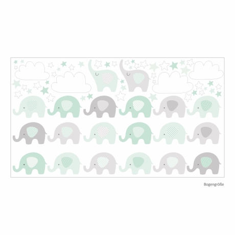 165 Wandtattoo Elefanten mint Wolken Sterne weiß grau