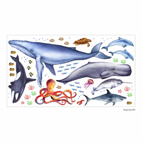 166 Wandtattoo Tiere der Meere - Blauwal, Hai, Delfin, Orca