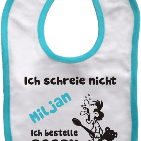 Baby Lätzchen farbiger Saum ICH SCHREIE NICHT bedruckt mit Namen