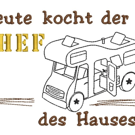 Stickdatei Camping für Geschirrtuch Schürze CHEF mit Wohnmobil
