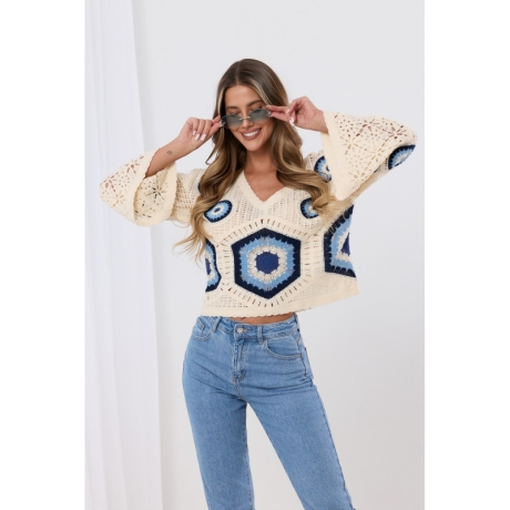 Boho Häkel Bluse Bohemian Cut out Tunika mit Spitze Stickerei S-L