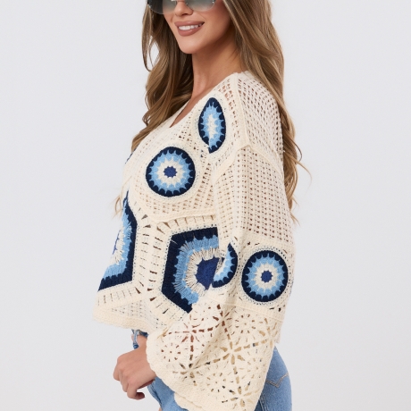 Boho Häkel Bluse Bohemian Cut out Tunika mit Spitze Stickerei S-L