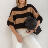 Oversize Strickpullover Wolle Pullover Streifen Kurzarm S-XL
