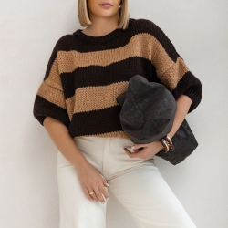 Oversize Strickpullover Wolle Pullover Streifen Kurzarm S-XL