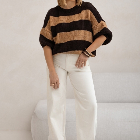 Oversize Strickpullover Wolle Pullover Streifen Kurzarm S-XL