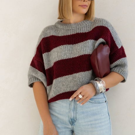 Oversize Strickpullover Wolle Pullover Streifen Kurzarm S-XL