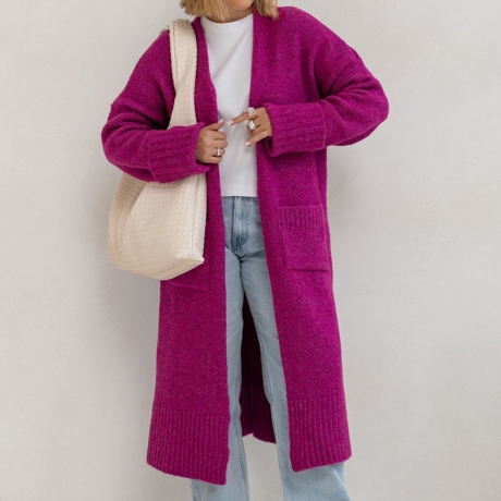 Oversize Strickmantel Strickjacke lang Cardigan Magenta S-XL